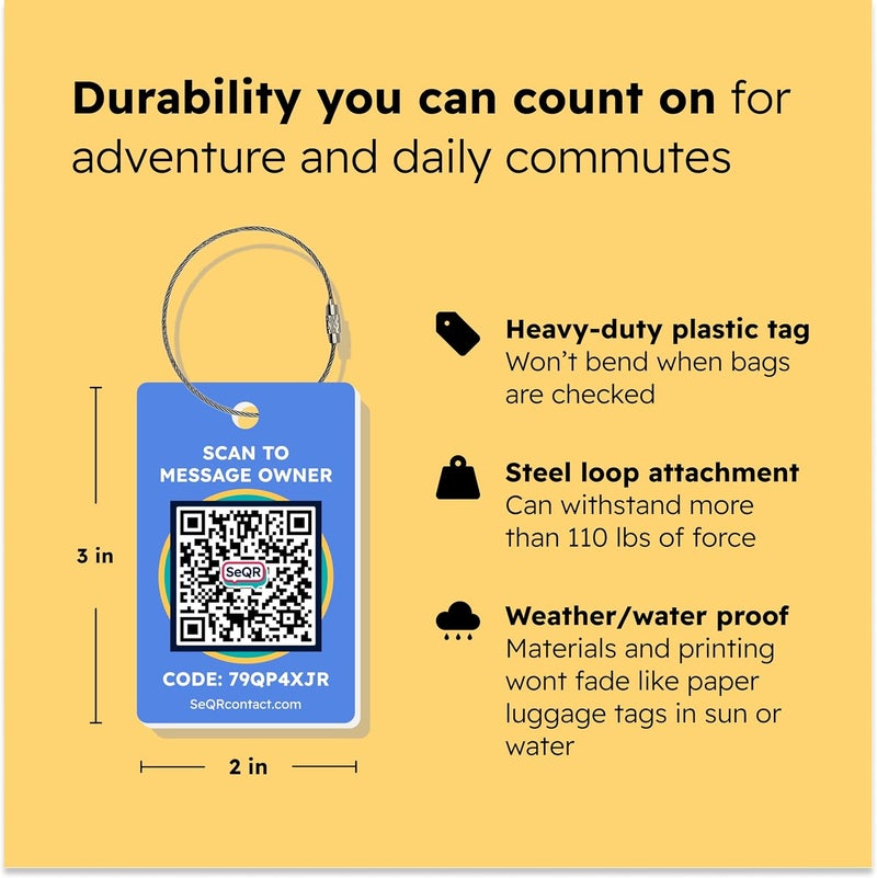 SeQR Smart Luggage Tags | Privacy QR Code Luggage Tag Keeps Personal info Private | Customizable Travel Suitcase Tags for Women Men | Use with GPS Bag Locator Tracking Tags, Air Tag for Android or iOS - Image 3